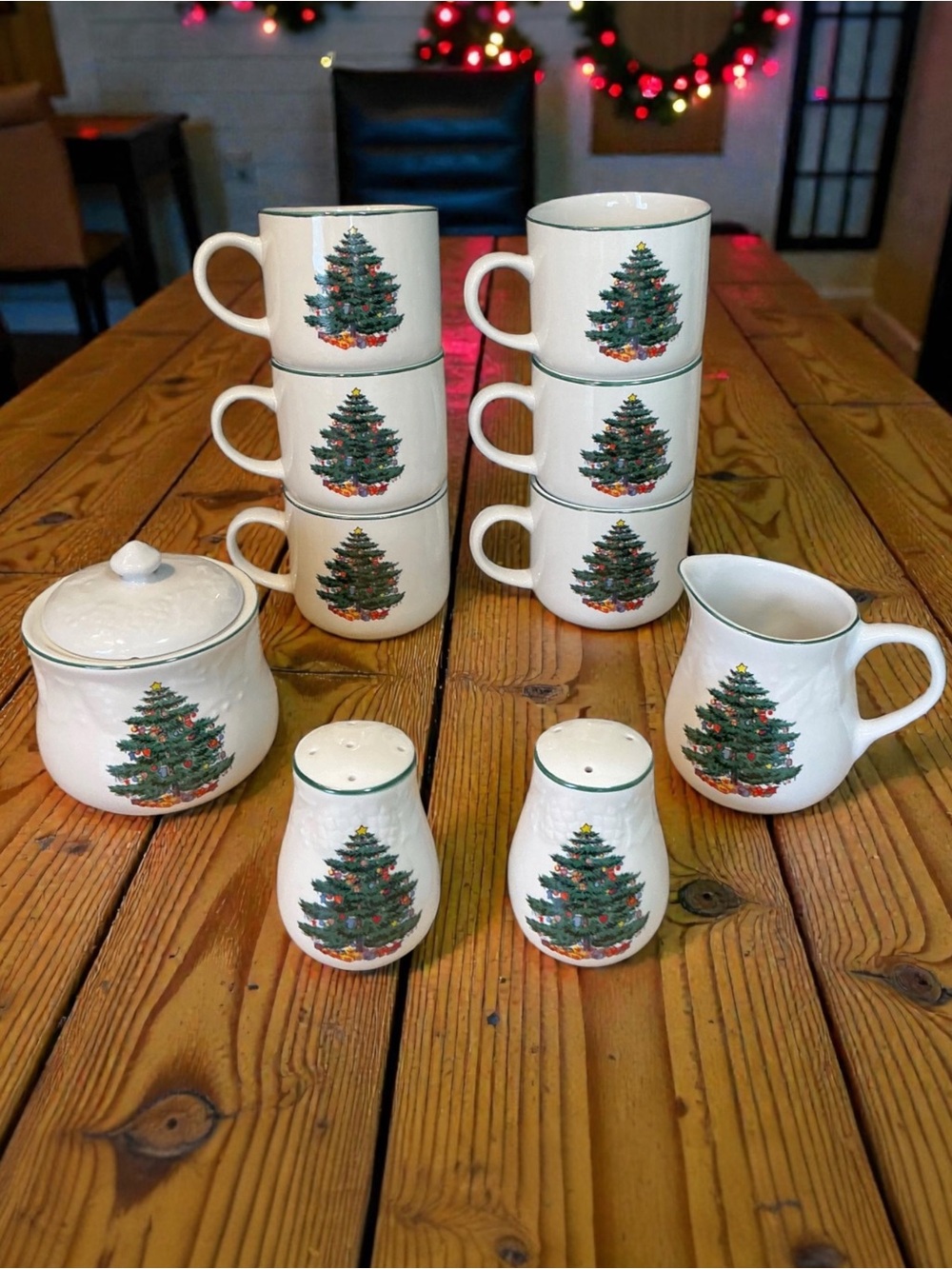 Vintage Christmas Tree Salt and Pepper, Sugar, Creamer and Coffee Mug Set